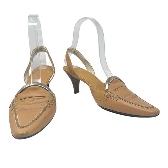 Tod's Debbie Slingback Kitten Heels Pumps Pointed Toe Leather Tan Size US‎ 5.5 - Picture 2 of 14